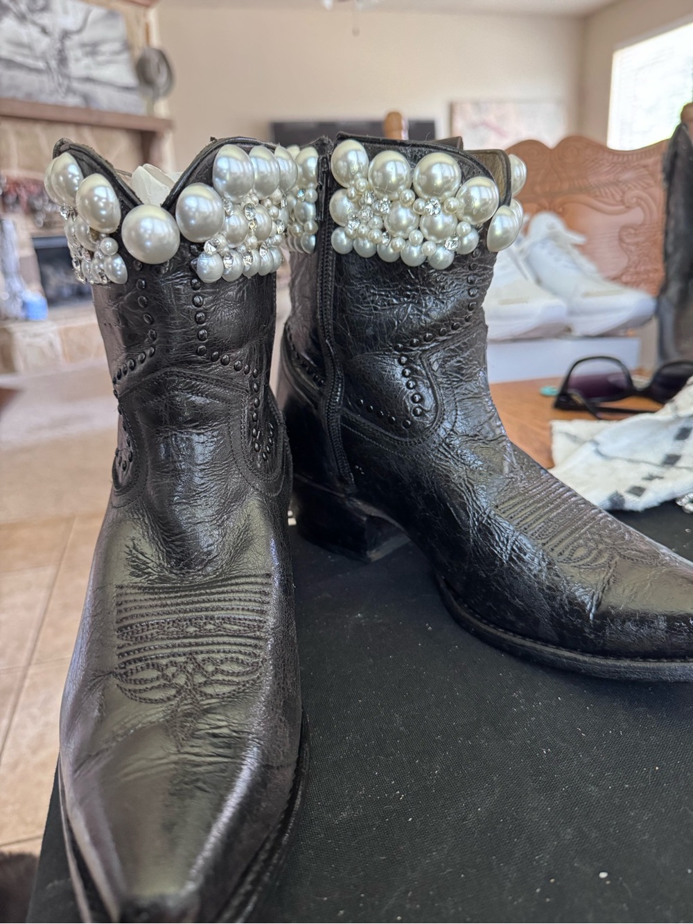 Pearl Black Leather Heeled Boots with Pearl and rhinestone Embellishment - Picture 3 of 6